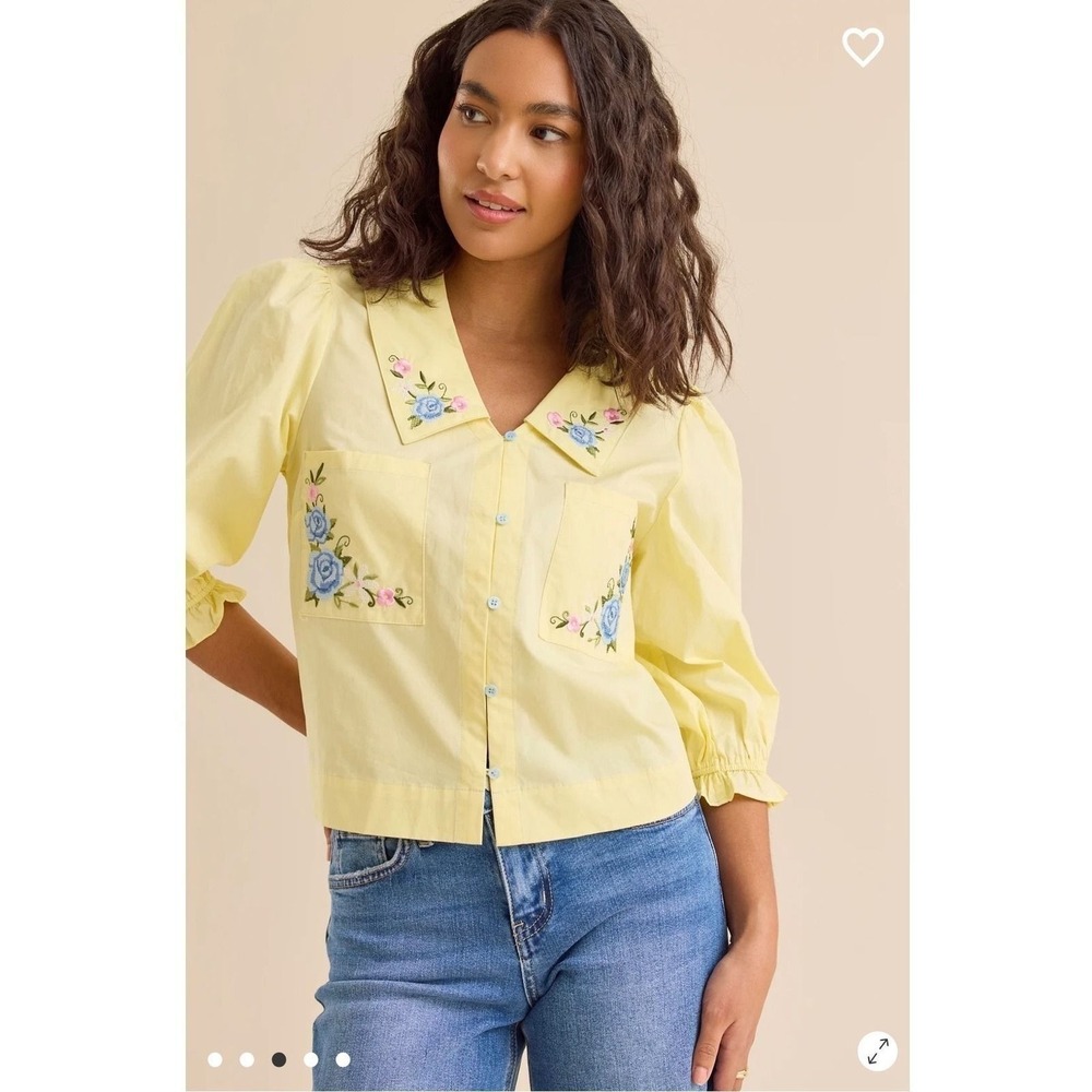 Altar'd State Yellow Floral Embroidered Button Up Blouse Puff‎ Sleeve Size XXL